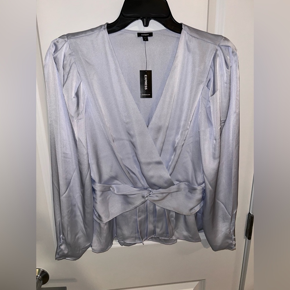 NWT Express Light Blue V-Neck Twist Front Long Sleeve Blouse